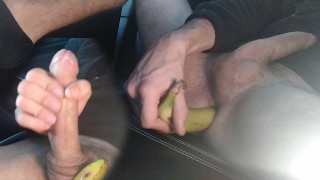 Giant-Cocked Man Anally Trains with Toy, Banana, Cums Hard