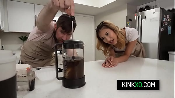 Hot asian teen Mina Luxx sucks boyfriend’s cock in the kitchen before they head to the couch