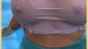 Wifey wet shirt in the pool with perfect braless tits