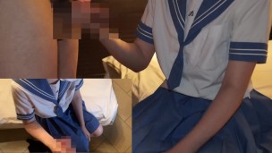 【足コキ・手コキ】水色セーラー服ザーメンぶっかけ（熊●・花●）